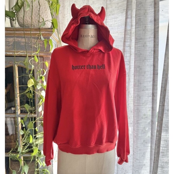 Red Devil Horn Hoodie Hotter Than Hell Pullover Men’s Size Medium Unisex - Picture 1 of 9